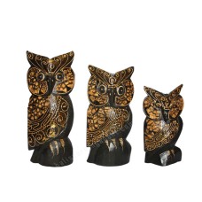 Wooden Carved Black Gold Owl Set Of 3