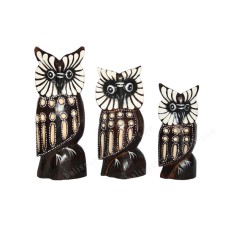 Wooden Black White Carved Owl Set Of 3