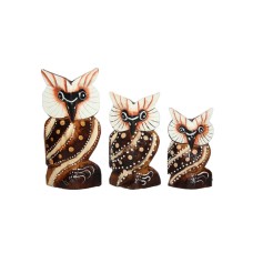 Wooden Brown White Carved Owl Set Of 3