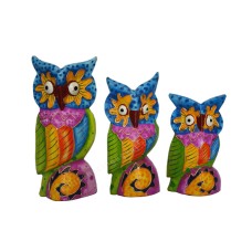 Wooden Multicolored Owl Set Of 3