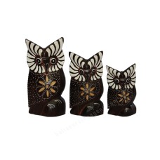 Wooden Carved Black White Owl Set Of 3