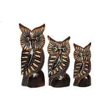 Wooden Dark Brown Carved Owl Set Of 3