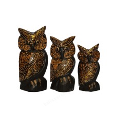 Wooden Dark Brown Gold Owl Set Of 3