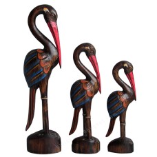 Wooden Antique Brown Blue Red Flamingo Set Of 3