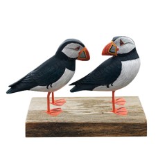 Wooden Double Puffin Bird On Base 20 cm 
