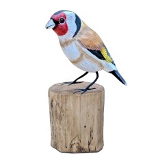 Wooden Goldfinch Bird On Tree Stump 15 cm