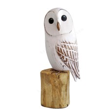 Wooden White Barn Owl On Tree Stump 33 cm