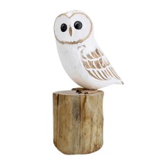 Wooden White Barn Owl On Tree Stump 25 cm