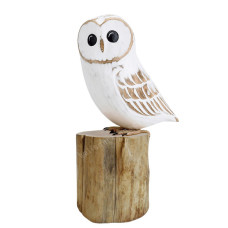 Wood White Barn Owl On Tree Stump 25 cm