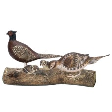 Wooden Pheasant Family On Wood Block 55 cm 