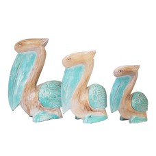 Wooden Sitting Rustic Turquoise Pelican Set Of 3