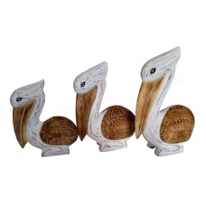 Wooden Sitting Brown White Pelican Set Of 3