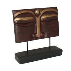 Wooden Antique Brown Gold Buddha Face On Stand 30 cm