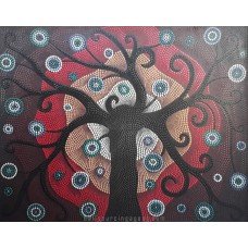 Canvas Dots Art Painting Abstract Red Grey Tree