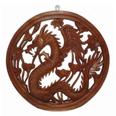 Wooden Hanging Dragon Round Framed Brown 50 cm