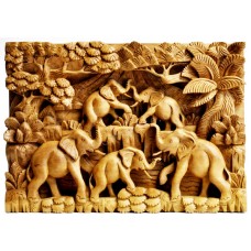 Carved Elephant Family Wall Relief Panel