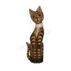 Wood Cat Brown Carved With Rattan 50 cm