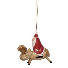 Wooden Hanging Santa On Deer Ornament 19 cm