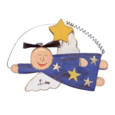 Wooden Flying Star Blue Angel Ornament 12 cm