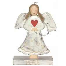 Wooden White Wash Angel Peace On Base 21 cm