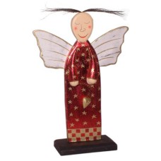 Wooden Red Gold Stars Angel On Base 30 cm