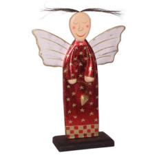 Wood Red Gold Stars Angel On Base 30 cm