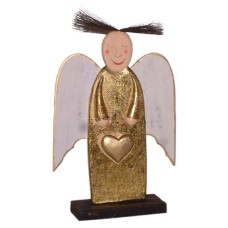 Wooden White Gold Heart Angel On Base 30 cm