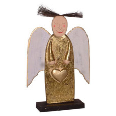 Wood White Gold Heart Angel On Base 30 cm