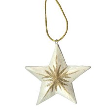 Wooden Hanging White Gold Star Ornament 17 cm