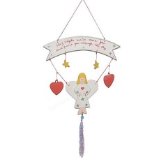 Wooden Hanging White Wash Angel Red Heart 38 cm