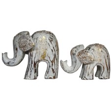 Carved Elephant Family White Wash Gold