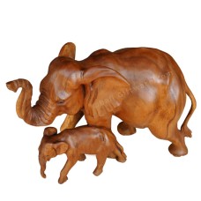 Wooden Brown Elephant With Baby