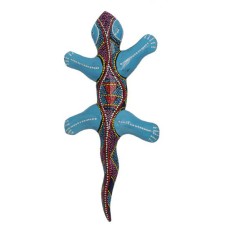 Wooden Gecko Turquoise Red Blue Aborigine Painted 30 cm 