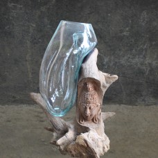 Molten Glass Fish Bowl Driftwood Buddha Face 65 cm