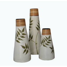 White Vase Painted Leaf Motif Set of 3