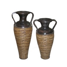 Antique Brown Vase With Rattan Set of 2
