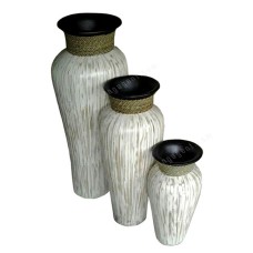 Bamboo White Wash Painted Vase With Rope Set of 3