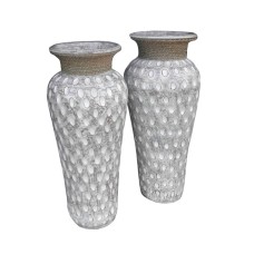 Dots White Wash Painted Vase With Rope Set of 2