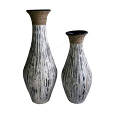 Bamboo Black White Wash Painted Vase With Rope Set of 2