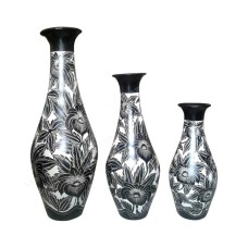 Black White Vase Painted Flowers Set of 3