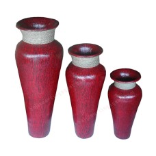 Cracked Red Painted Vase With Rope Set of 3