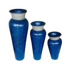 Cracked Blue Painted Vase With Rope Set of 3