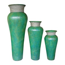 Cracked Green Painted Vase With Rope Set of 3