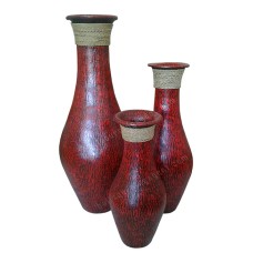 Painted Cracked Red Vase With Rope Set of 3