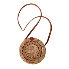 Rattan Purse Handbag Circle Long Strap Natural Brown 20 cm