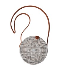Rattan Purse Handbag Circle Long Strap White 20 cm