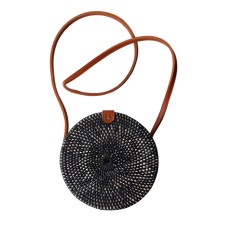 Rattan Purse Handbag Circle Long Strap Black White Transparent 20 cm