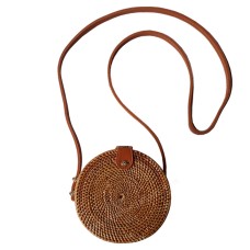 Rattan Purse Handbag Circle Long Strap Brown 20 cm