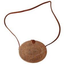 Rattan Purse Handbag Oval Long Strap Natural Brown 22 cm