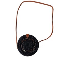 Rattan Purse Handbag Circle Long Strap Black 15 cm